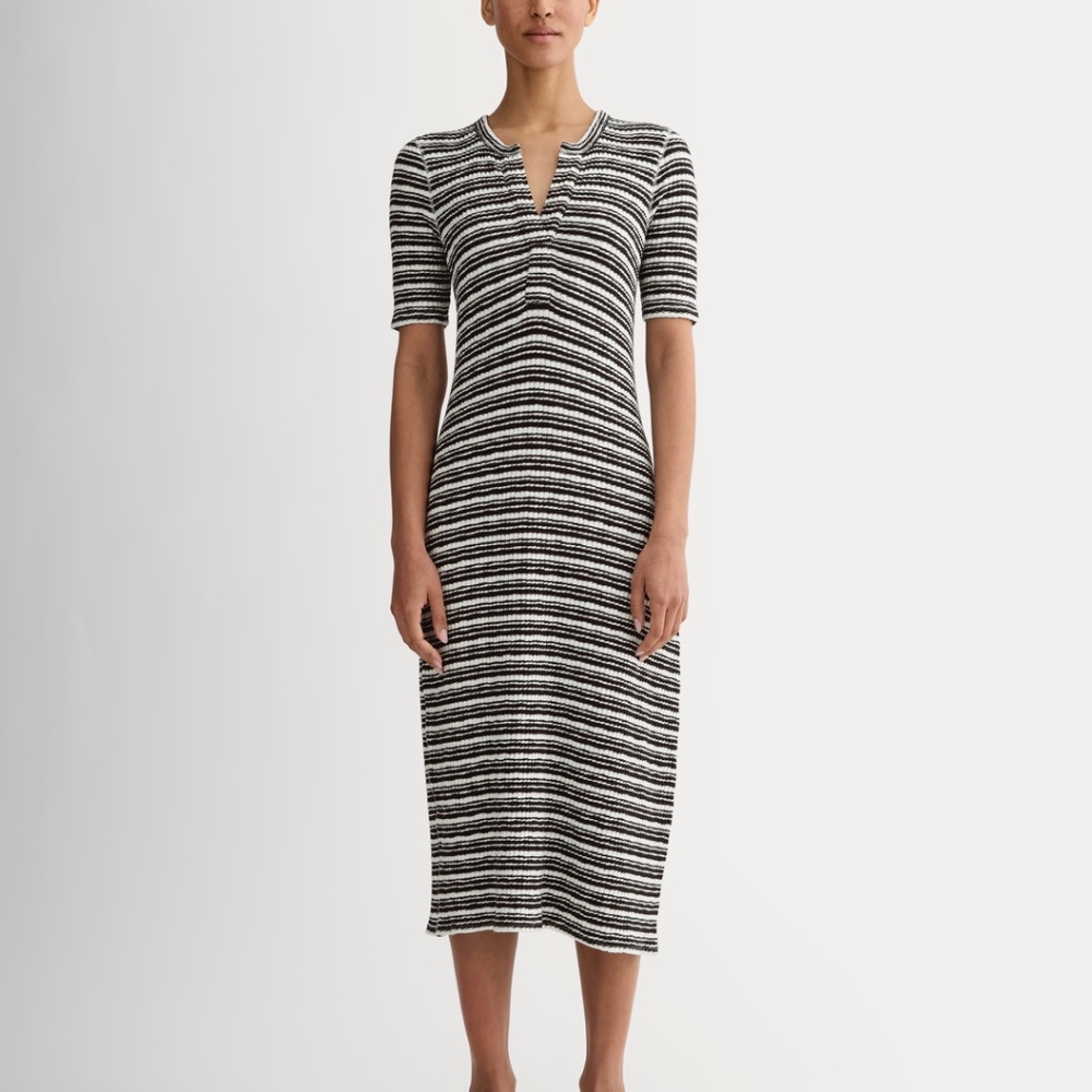 Everlane Black and White Striped Midi Dress - “Rib-Knit Henley Dress”